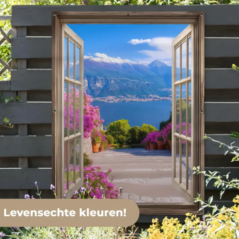 Tuinposter 120x160 cm Doorkijk - Berg - Landschap - Uitzicht - Meer