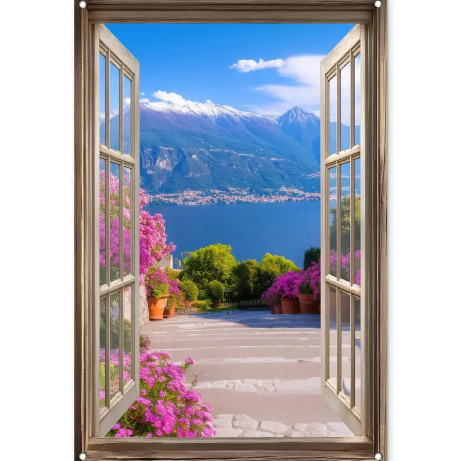 Tuinposter 80x120 cm Doorkijk - Berg - Landschap - Uitzicht - Meer