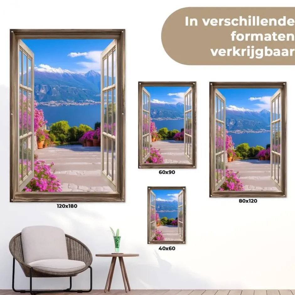 Tuinposter 80x120 cm Doorkijk - Berg - Landschap - Uitzicht - Meer