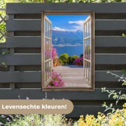 Tuinposter 80x120 cm Doorkijk - Berg - Landschap - Uitzicht - Meer