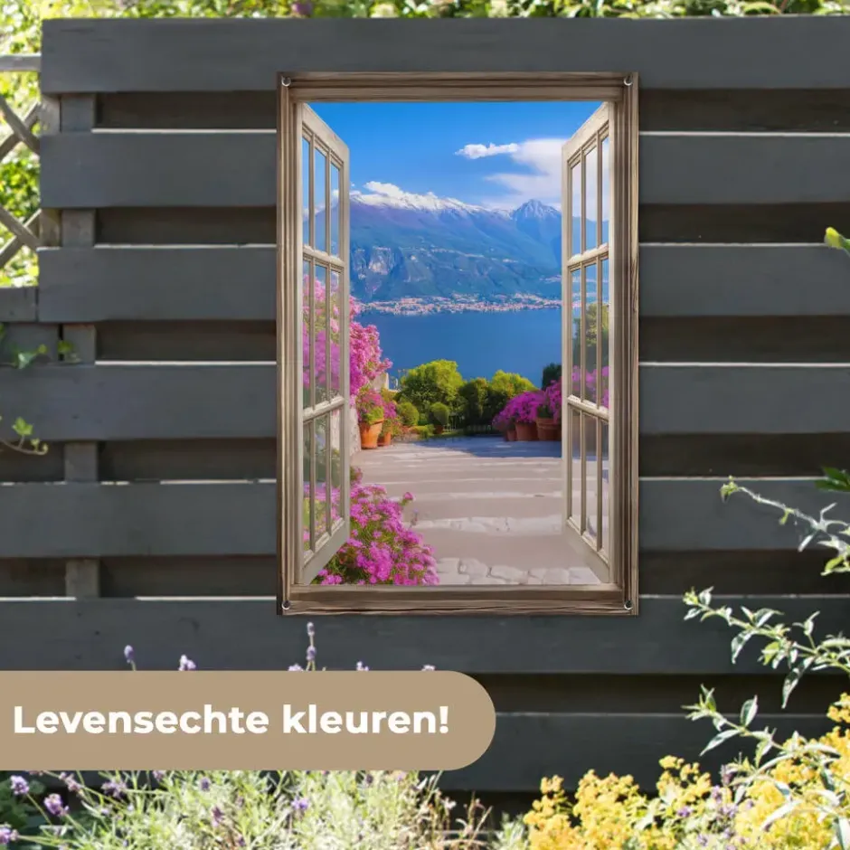 Tuinposter 80x120 cm Doorkijk - Berg - Landschap - Uitzicht - Meer
