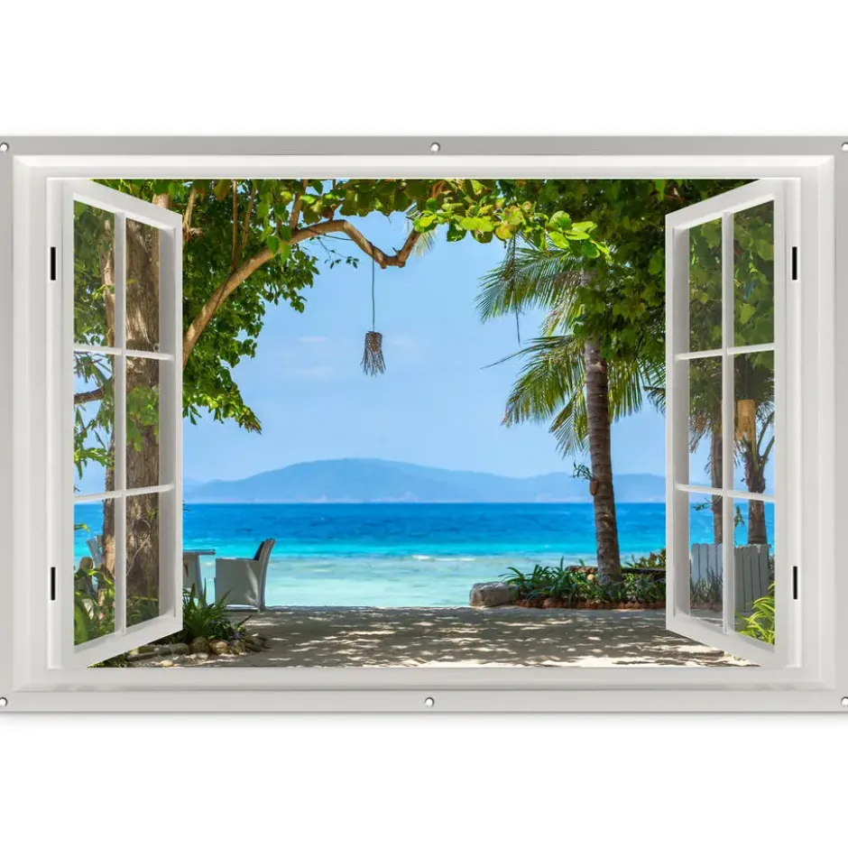 Tuinposter 180x120 cm Doorkijk - Boom - Zee - Palmboom - Heuvels - Strand -