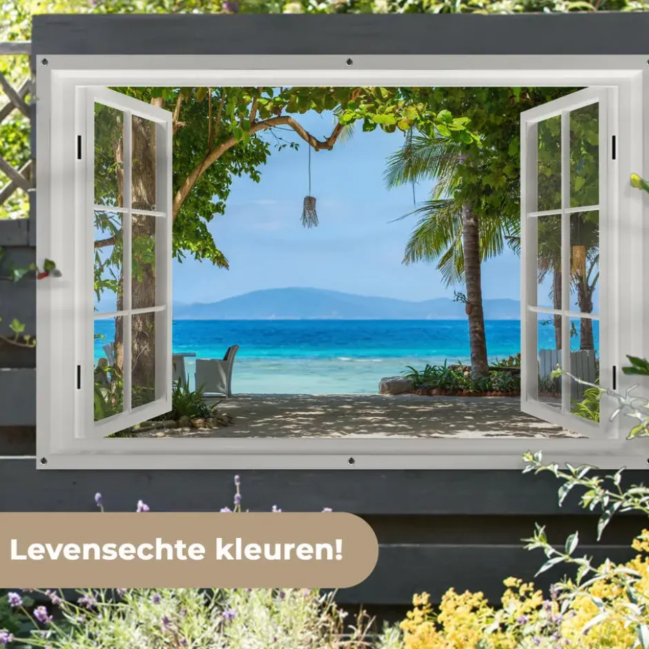 Tuinposter 180x120 cm Doorkijk - Boom - Zee - Palmboom - Heuvels - Strand -