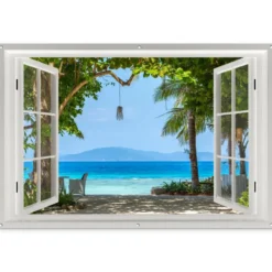 Tuinposter 180x120 cm Doorkijk - Boom - Zee - Palmboom - Heuvels - Strand -