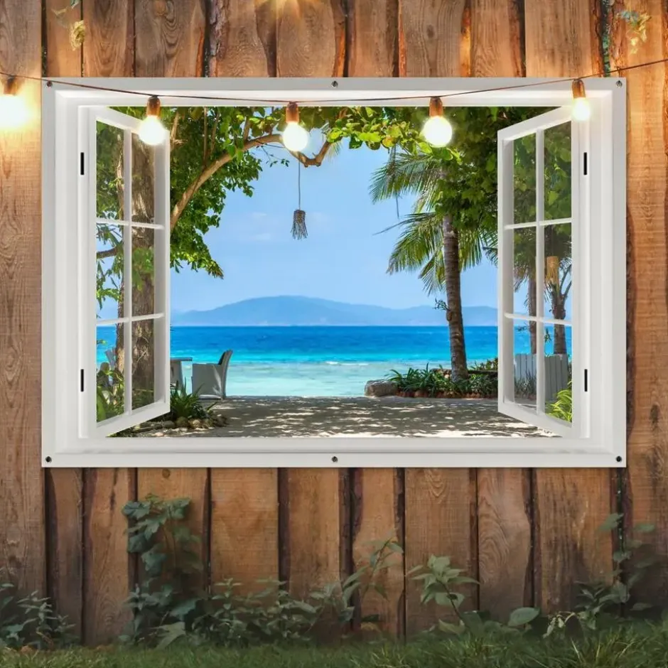 Tuinposter 180x120 cm Doorkijk - Boom - Zee - Palmboom - Heuvels - Strand -