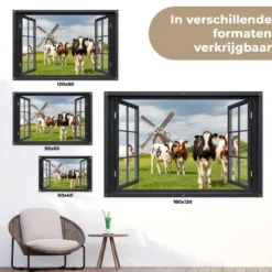 Tuinposter 180x120 cm Doorkijk - Koe - Molen - Koeien - Weiland - Gras - Groen