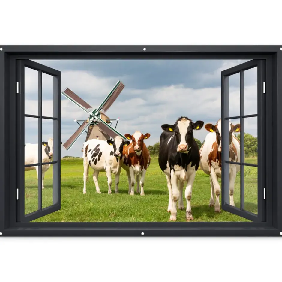 Tuinposter 180x120 cm Doorkijk - Koe - Molen - Koeien - Weiland - Gras - Groen