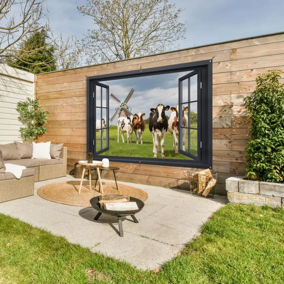 Tuinposter 180x120 cm Doorkijk - Koe - Molen - Koeien - Weiland - Gras - Groen