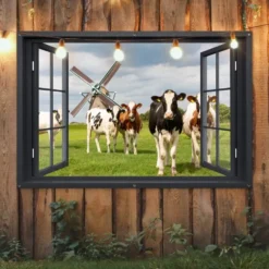 Tuinposter 180x120 cm Doorkijk - Koe - Molen - Koeien - Weiland - Gras - Groen