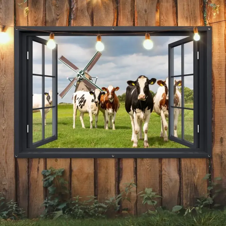 Tuinposter 180x120 cm Doorkijk - Koe - Molen - Koeien - Weiland - Gras - Groen