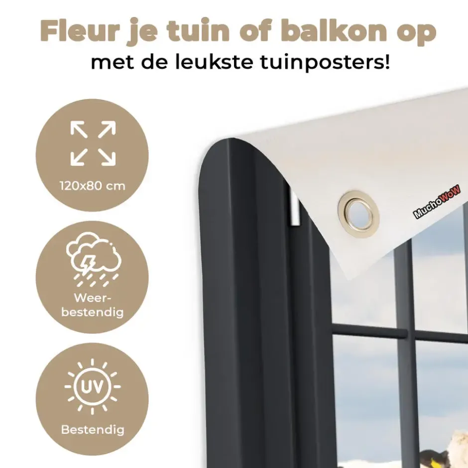 Tuinposter 120x80 cm Doorkijk - Koe - Molen - Koeien - Weiland - Gras - Groen
