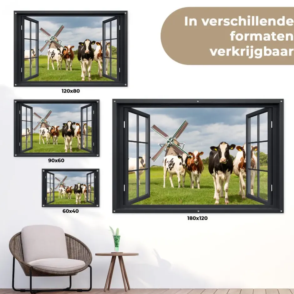Tuinposter 120x80 cm Doorkijk - Koe - Molen - Koeien - Weiland - Gras - Groen