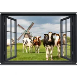 Tuinposter 120x80 cm Doorkijk - Koe - Molen - Koeien - Weiland - Gras - Groen