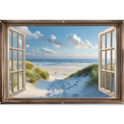 Tuinposter 180x120 cm Doorkijk - Strand - Raam - Duinen - Zee