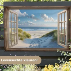 Tuinposter 180x120 cm Doorkijk - Strand - Raam - Duinen - Zee