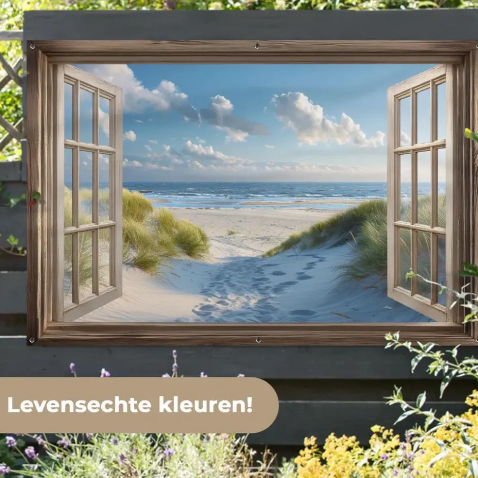 Tuinposter 180x120 cm Doorkijk - Strand - Raam - Duinen - Zee