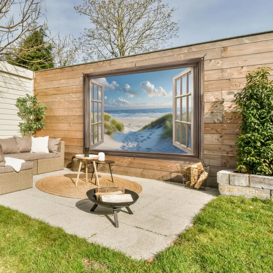 Tuinposter 180x120 cm Doorkijk - Strand - Raam - Duinen - Zee