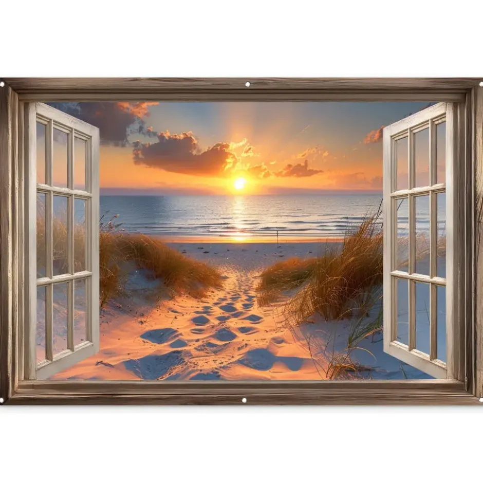 Tuinposter 180x120 cm Doorkijk - Strand - Duinen - Zonsondergang