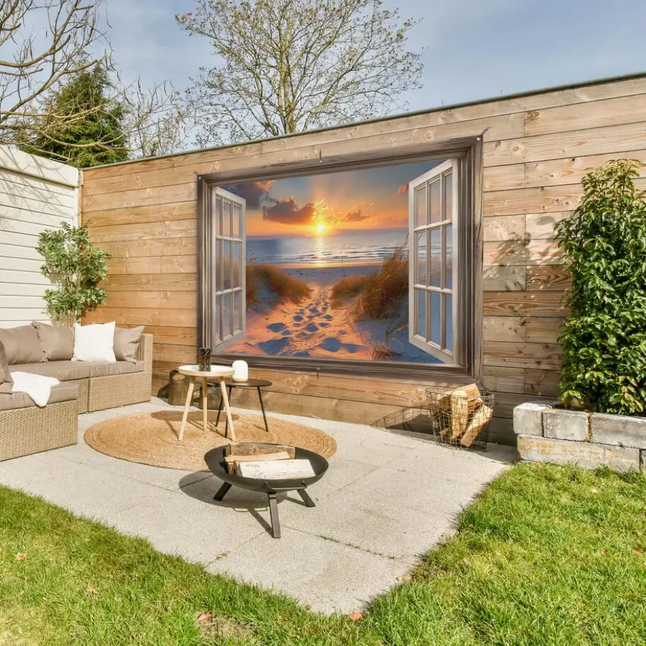 Tuinposter 180x120 cm Doorkijk - Strand - Duinen - Zonsondergang
