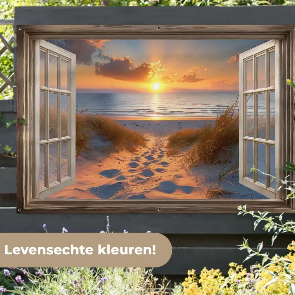 Tuinposter 180x120 cm Doorkijk - Strand - Duinen - Zonsondergang