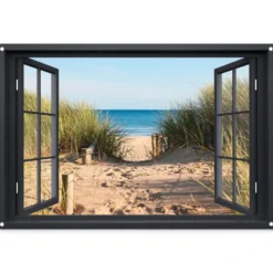 Tuinposter 120x80 cm Doorkijk - Strand - Zee - Zand - Water - Helmgras - Duinen