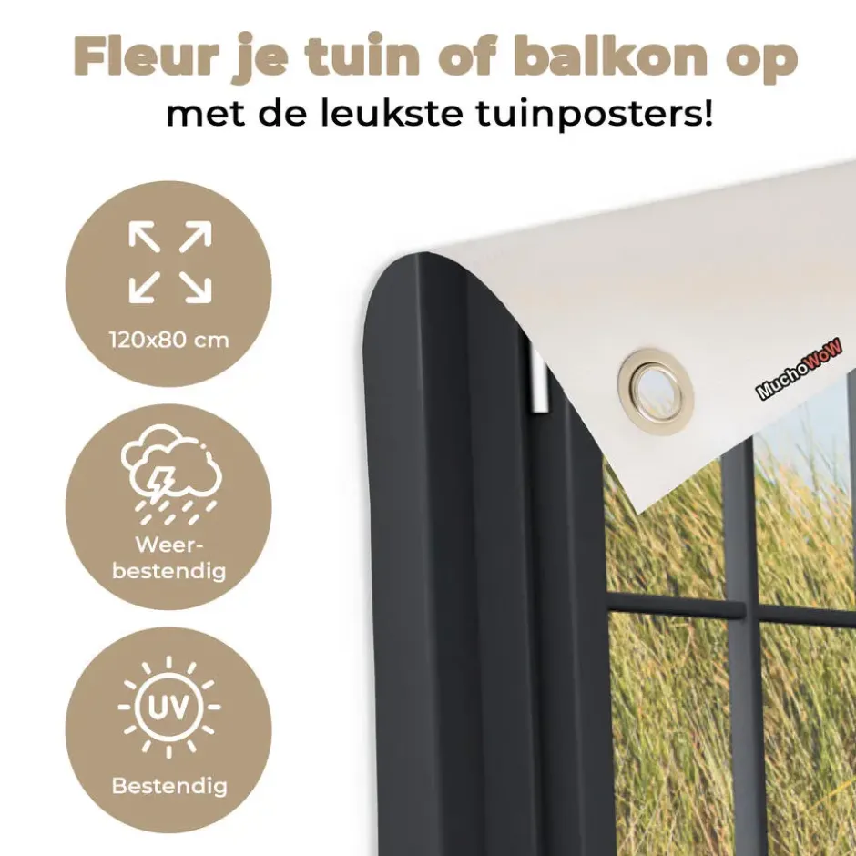 Tuinposter 120x80 cm Doorkijk - Strand - Zee - Zand - Water - Helmgras - Duinen