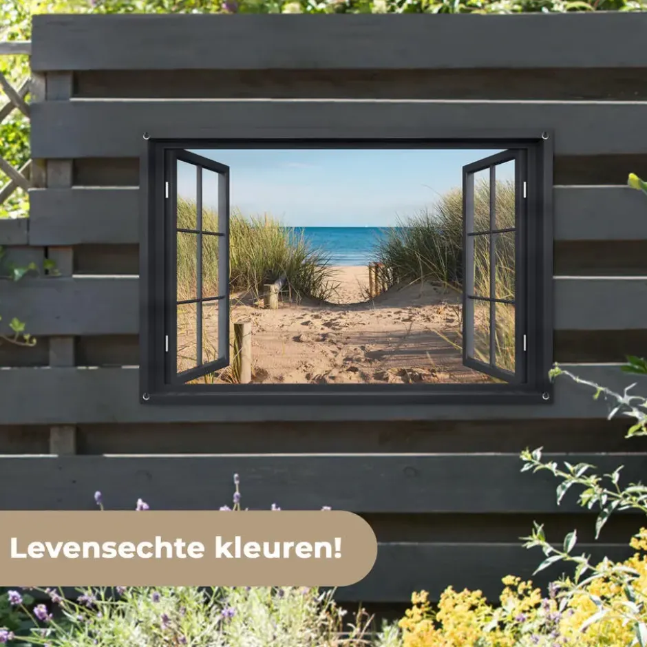 Tuinposter 120x80 cm Doorkijk - Strand - Zee - Zand - Water - Helmgras - Duinen
