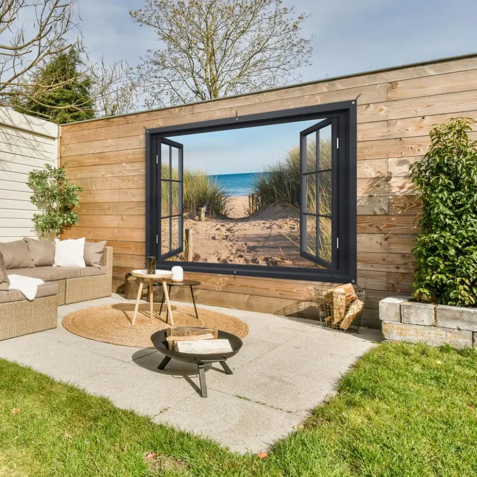 Tuinposter 180x120 cm Doorkijk - Strand - Zee - Zand - Water - Helmgras - Duinen