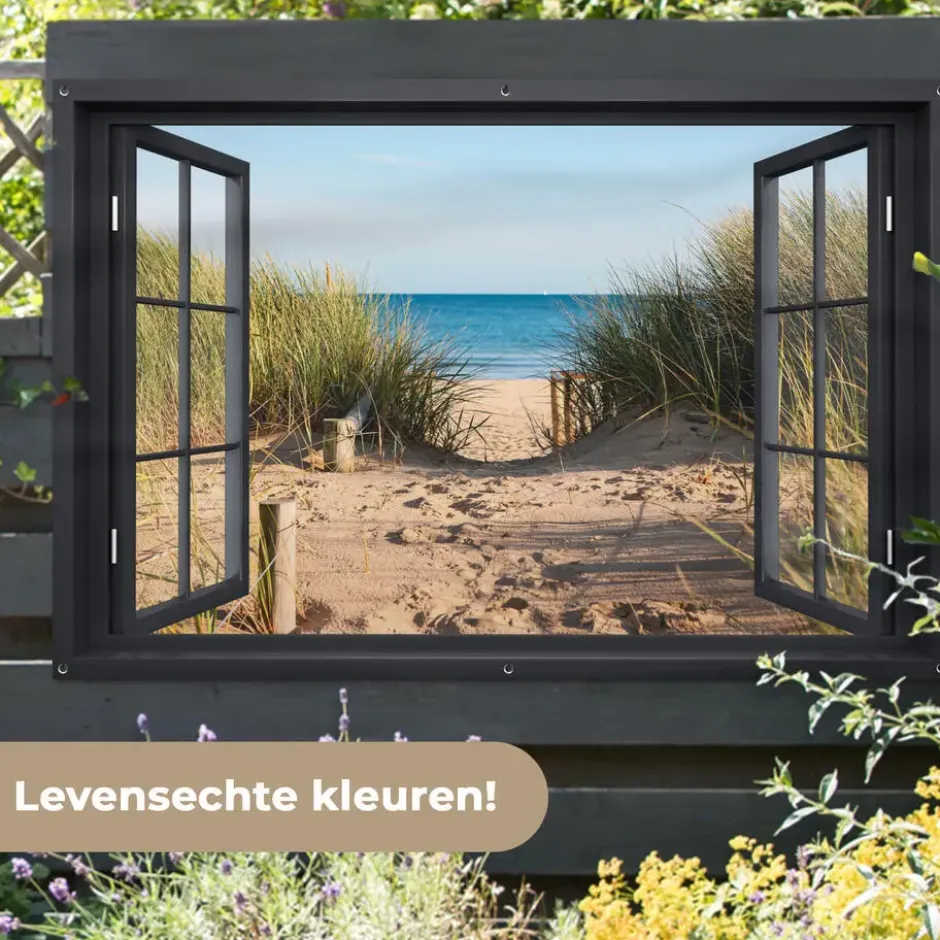 Tuinposter 180x120 cm Doorkijk - Strand - Zee - Zand - Water - Helmgras - Duinen