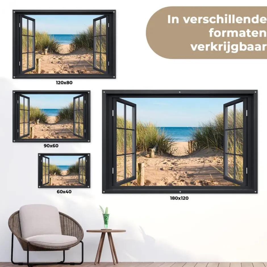 Tuinposter 180x120 cm Doorkijk - Strand - Zee - Zand - Water - Helmgras - Duinen