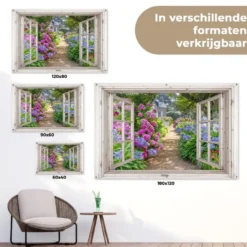 Tuinposter 120x80 cm Hortensia - Doorkijk - Bloemen - Zomer - Paars - Pad