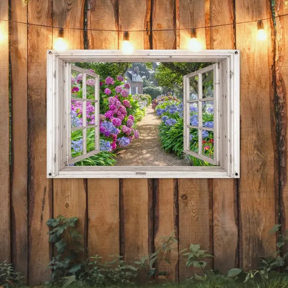Tuinposter 120x80 cm Hortensia - Doorkijk - Bloemen - Zomer - Paars - Pad