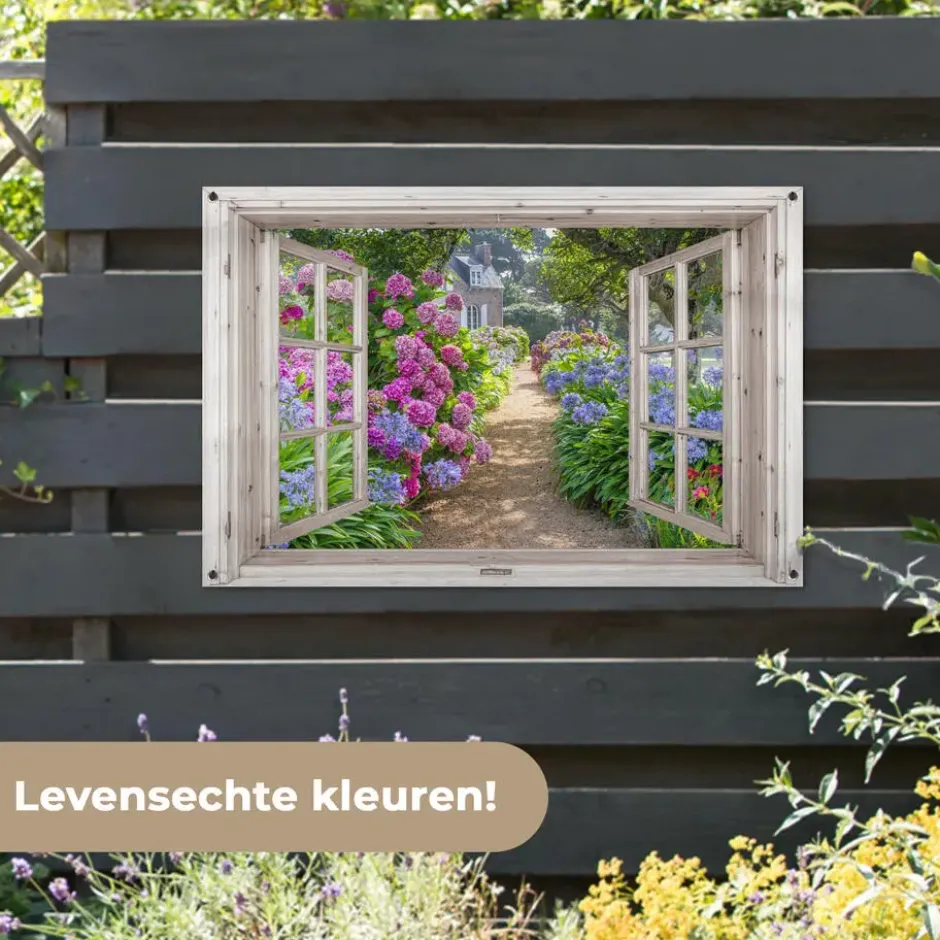 Tuinposter 120x80 cm Hortensia - Doorkijk - Bloemen - Zomer - Paars - Pad