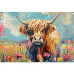 Tuinposter 120x80 cm Schotse hooglander - Natuur - Kleurrijk - Bloemen