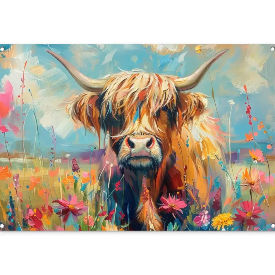 Tuinposter 120x80 cm Schotse hooglander - Natuur - Kleurrijk - Bloemen