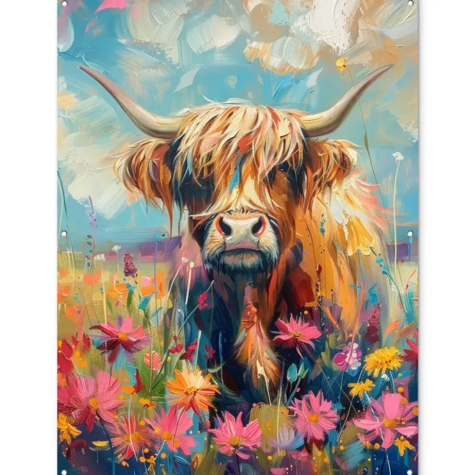 Tuinposter 120x160 cm Schotse hooglander - Natuur - Kleurrijk - Bloemen