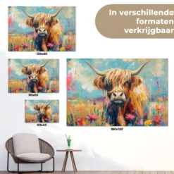 Tuinposter 180x120 cm Schotse hooglander - Natuur - Kleurrijk - Bloemen