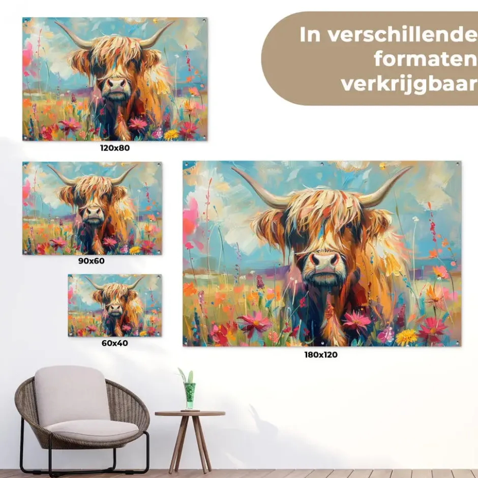 Tuinposter 180x120 cm Schotse hooglander - Natuur - Kleurrijk - Bloemen