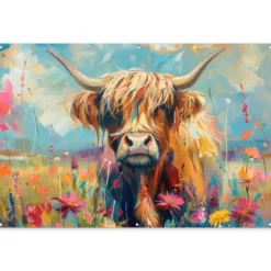 Tuinposter 180x120 cm Schotse hooglander - Natuur - Kleurrijk - Bloemen