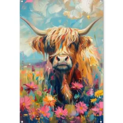 Tuinposter 80x120 cm Schotse hooglander - Natuur - Kleurrijk - Bloemen