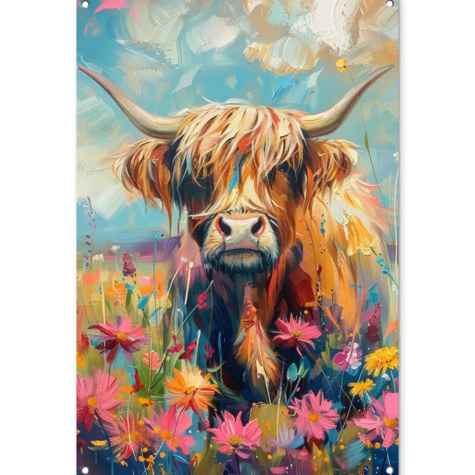 Tuinposter 80x120 cm Schotse hooglander - Natuur - Kleurrijk - Bloemen