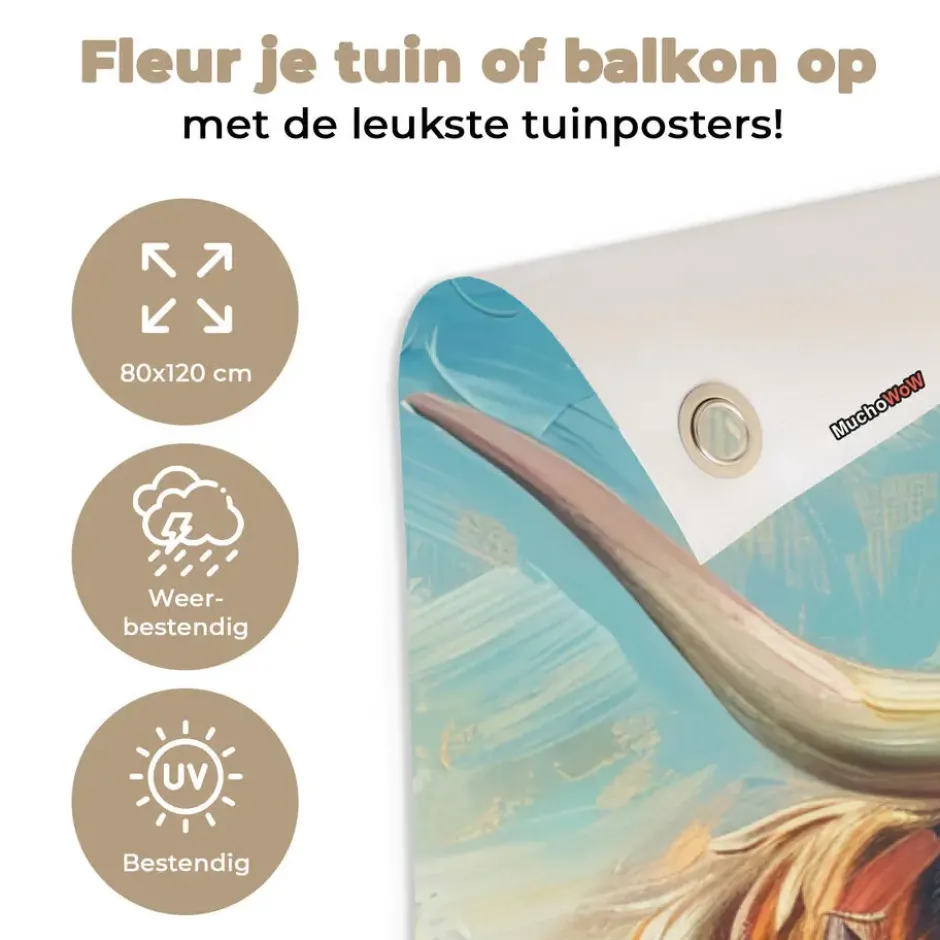 Tuinposter 80x120 cm Schotse hooglander - Natuur - Kleurrijk - Bloemen