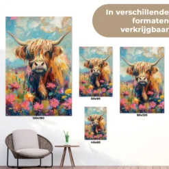Tuinposter 80x120 cm Schotse hooglander - Natuur - Kleurrijk - Bloemen