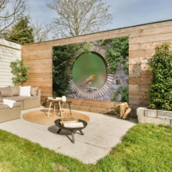 Tuinposter 180x120 cm Vogel - Doorkijk - Roodborstje