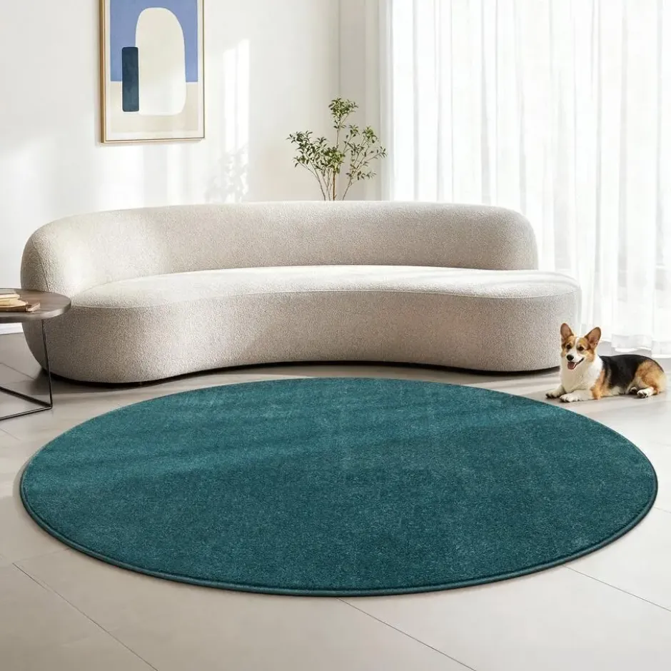 Uni Effen Rond Vloerkleed Laagpolig Blauw - 120 CM Ø