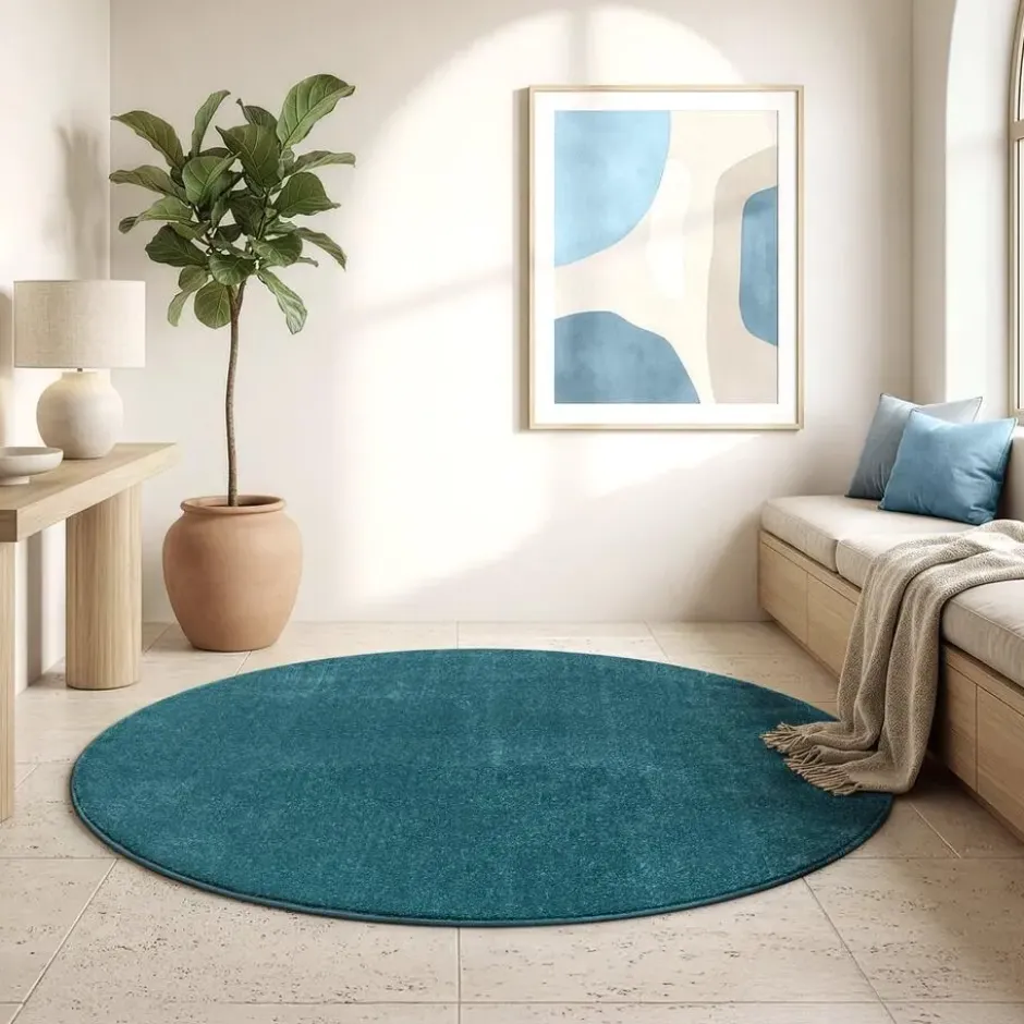 Uni Effen Rond Vloerkleed Laagpolig Blauw - 120 CM Ø
