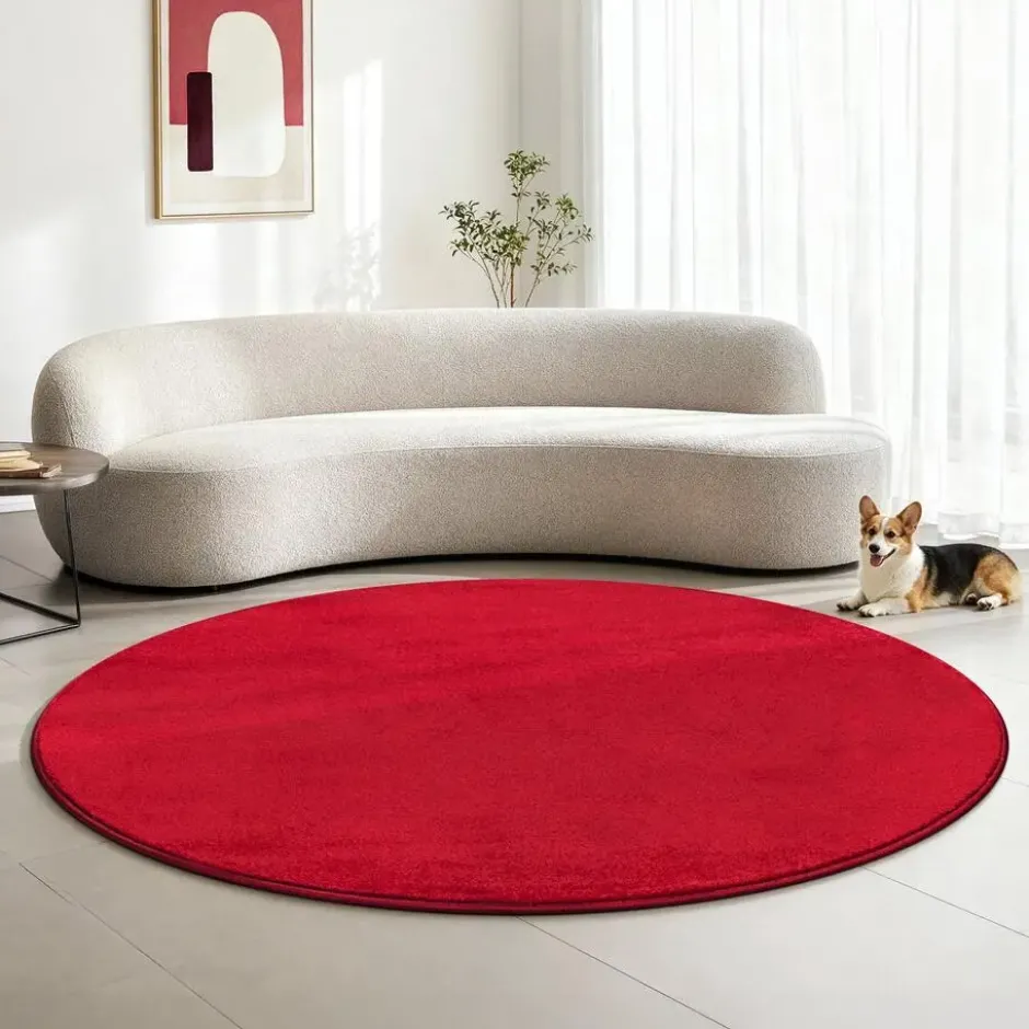 Uni Effen Rond Vloerkleed Laagpolig Rood - 120 CM Ø
