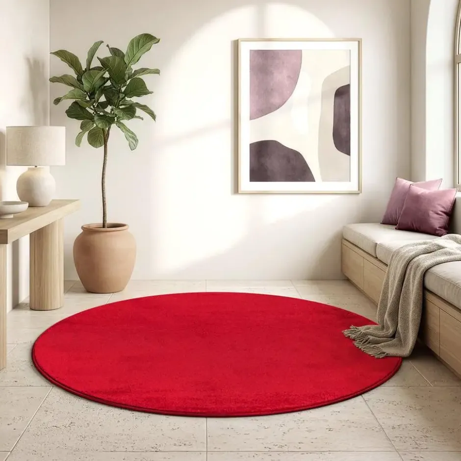 Uni Effen Rond Vloerkleed Laagpolig Rood - 200 CM Ø