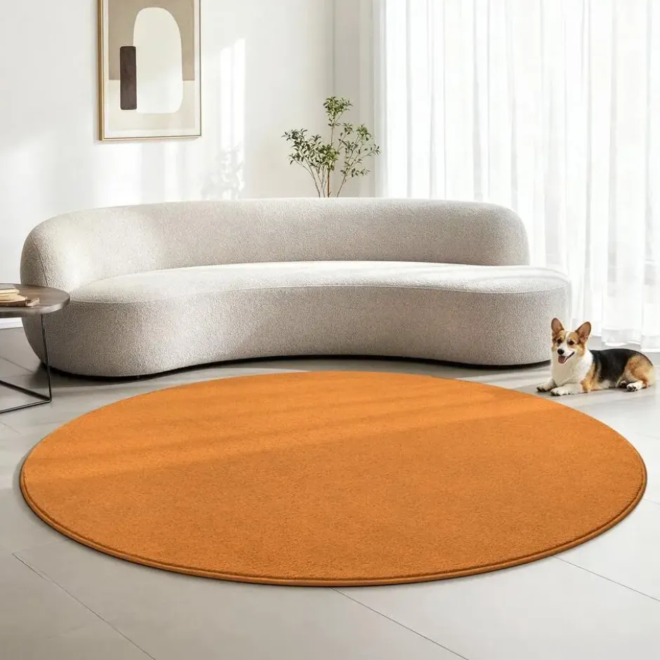 Uni Effen Rond Vloerkleed Laagpolig Oranje - 120 CM Ø