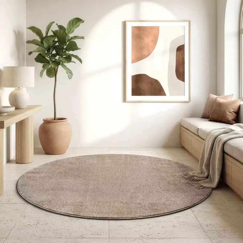Uni Effen Rond Vloerkleed Laagpolig Beige - 120 CM Ø